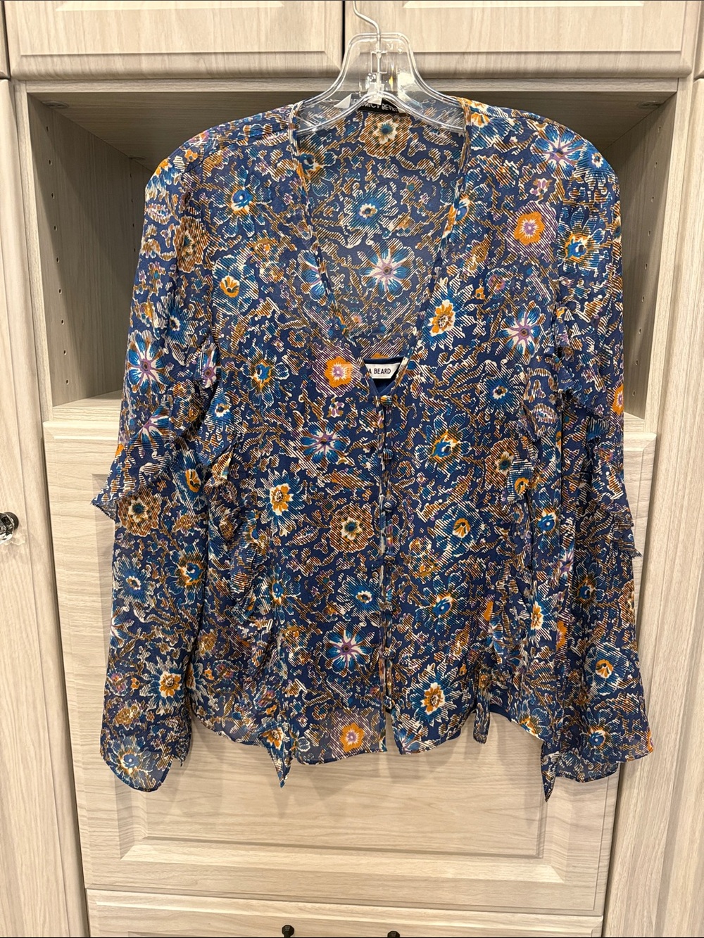 Veronica Beard Blue Multi Floral V-Neck Blouse